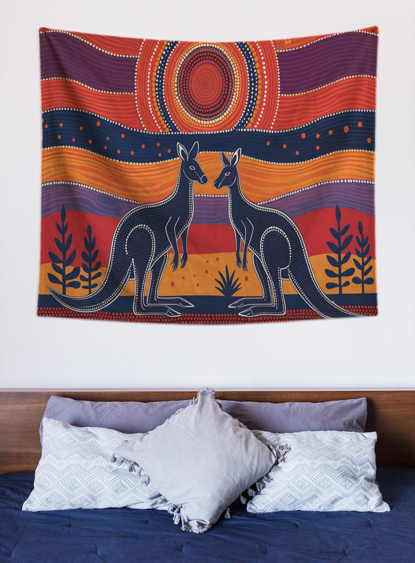 鮮やかなアボリジニアートのカンガルー壁掛けタペストリー - 寝室、寮