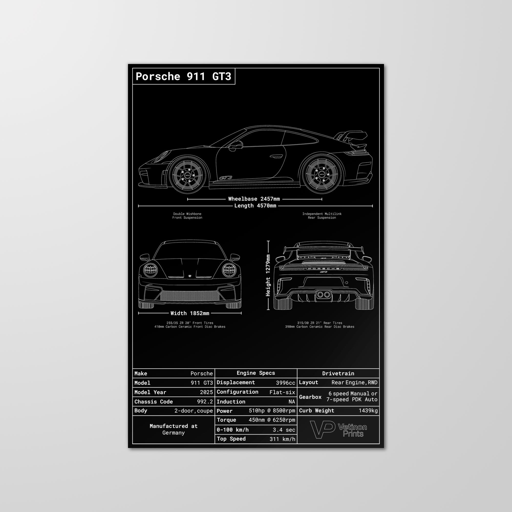 ポルシェ 911 GT3 992.2 設計図ポスター、ポルシェ 911 設計図