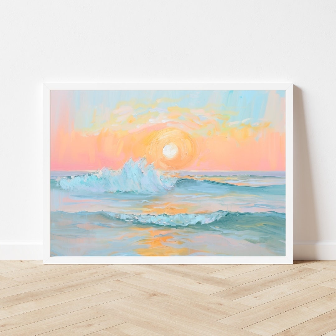 パステル調の夕焼け海景画：ビーチハウスのアートプリント（デジタル