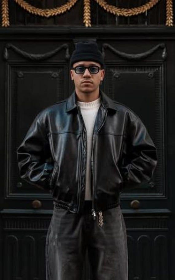 Handmade Vintage Black Leather Bomber Jacket for Mens 90s Retro