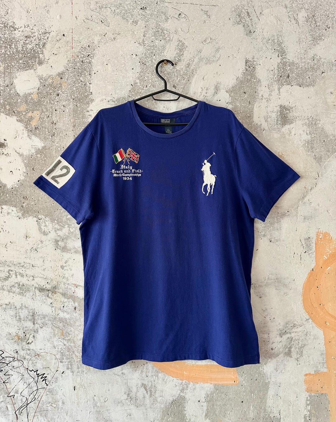 90S Vintage Polo Ralph Lauren Big Logo ITALY Blue T-shirt Size L