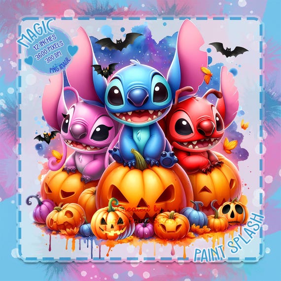 スティッチと仲間たちのハロウィン PNG、水彩クリップアート（デジタル