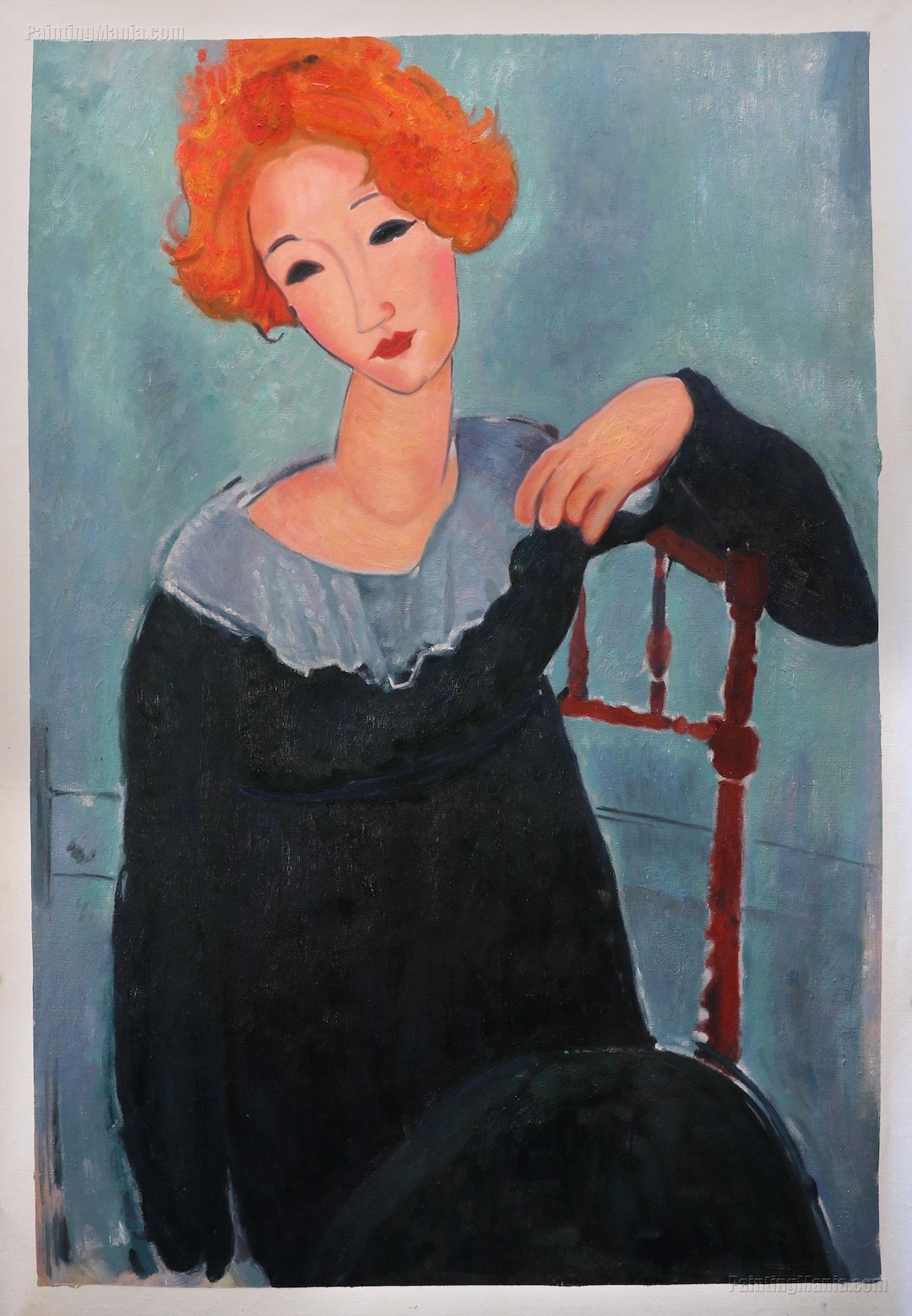 赤毛の女性 - アメデオ・モディリアーニの手描き油絵複製、椅子に座る