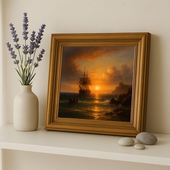 ヴィンテージ帆船の絵画、夕焼けの海景アート（デジタルダウンロード