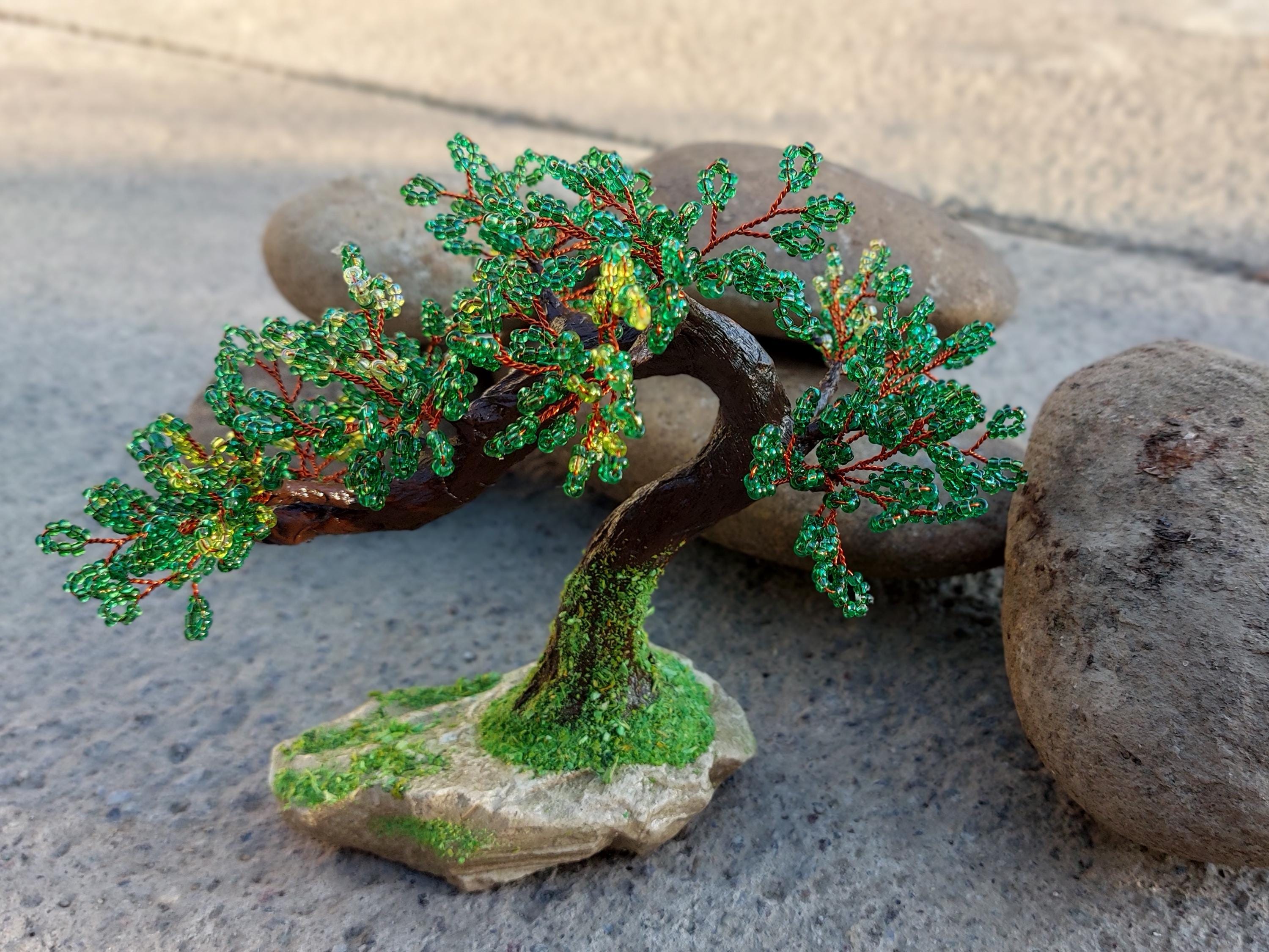 ビーズ細工の小さな人工樹木盆栽、春の日本の盆栽、風水樹、ワイヤー