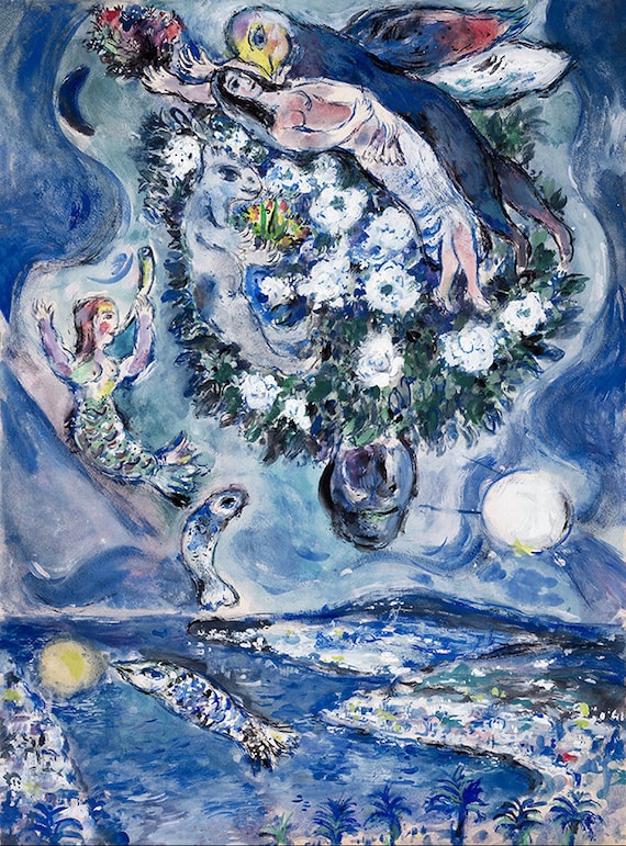 MARC CHAGALL 'lovers' - Original Lithograph- Signed Print (COA