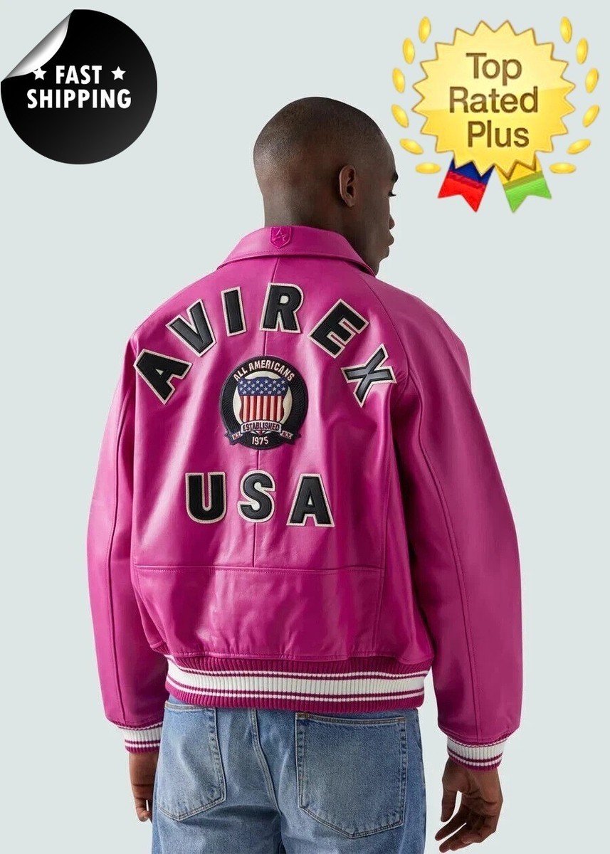 Mens Avirex Pink Real Bomber American Flight Faux Leather Jacket