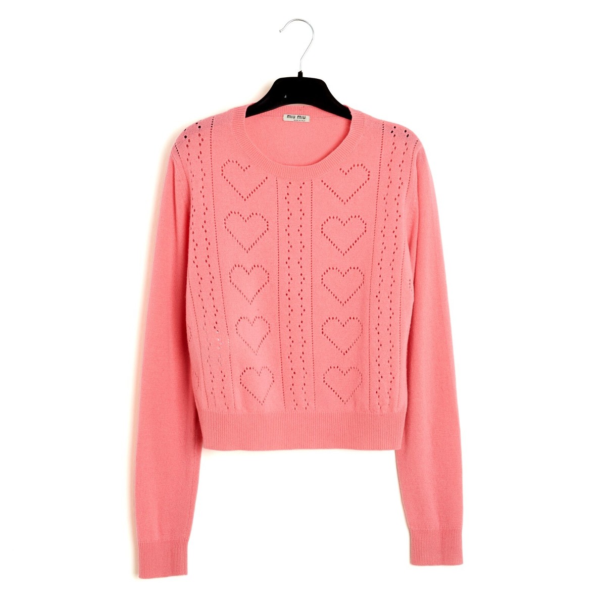 Miu Miu 2015 Sweater Heart Crop FR38 Hearts Openwork Pink Cashmere