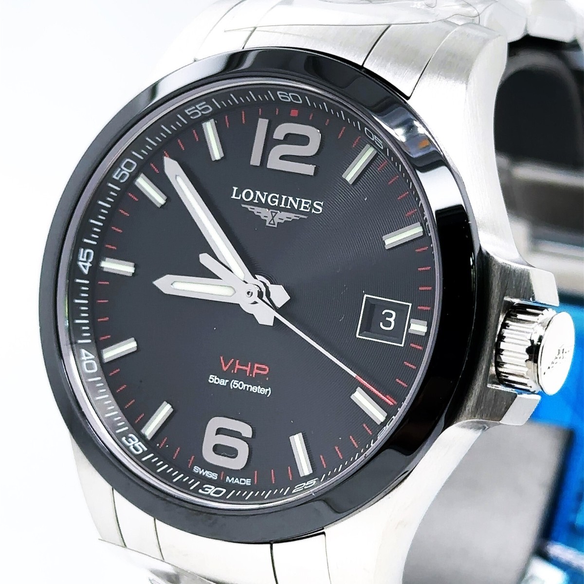 LONGINES V.H.P Conquest Quartz Black Dial 41mm Mens Watch