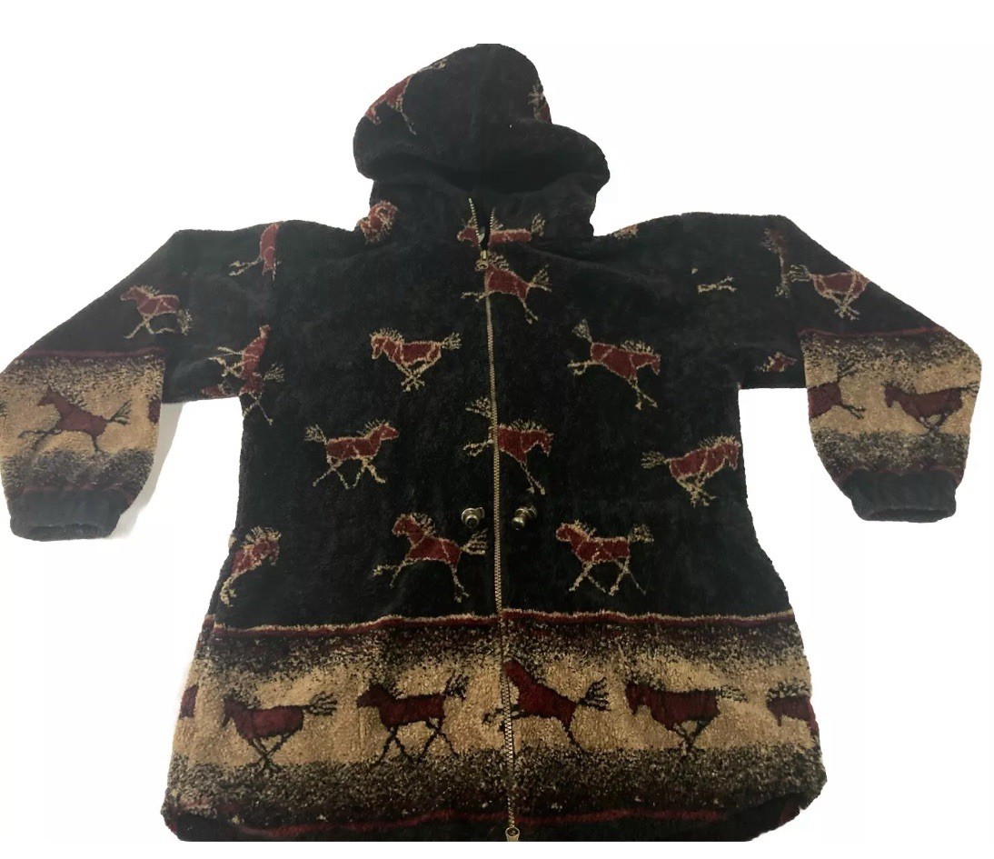 VTG 90s MAZMANIA FLEECE JACKET WILD HORSES ALL OVER PRINT PLUSH