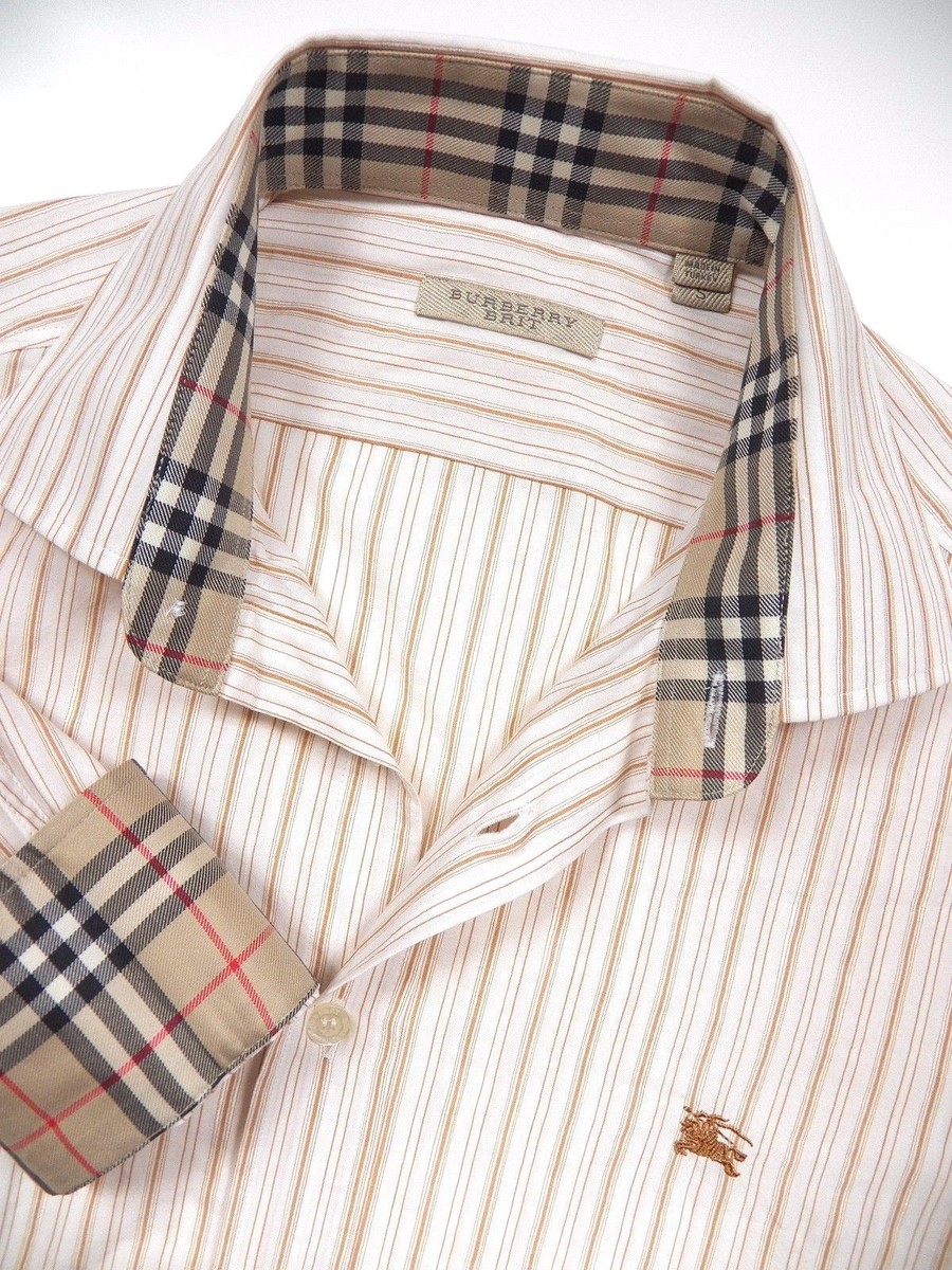 BURBERRY BRIT NWOT MENS SMALL SHIRT BROWN STRIPE BEIGE NOVA CHECK