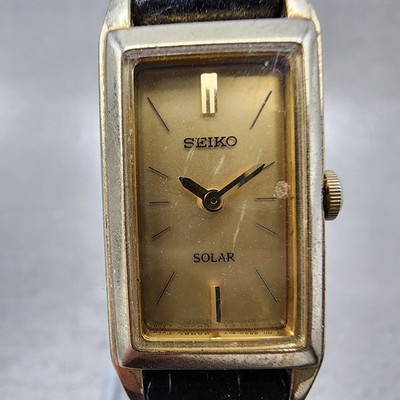 Seiko Solar Tank Watch Women 15mm Gold Dial Gold Tone Rectangle