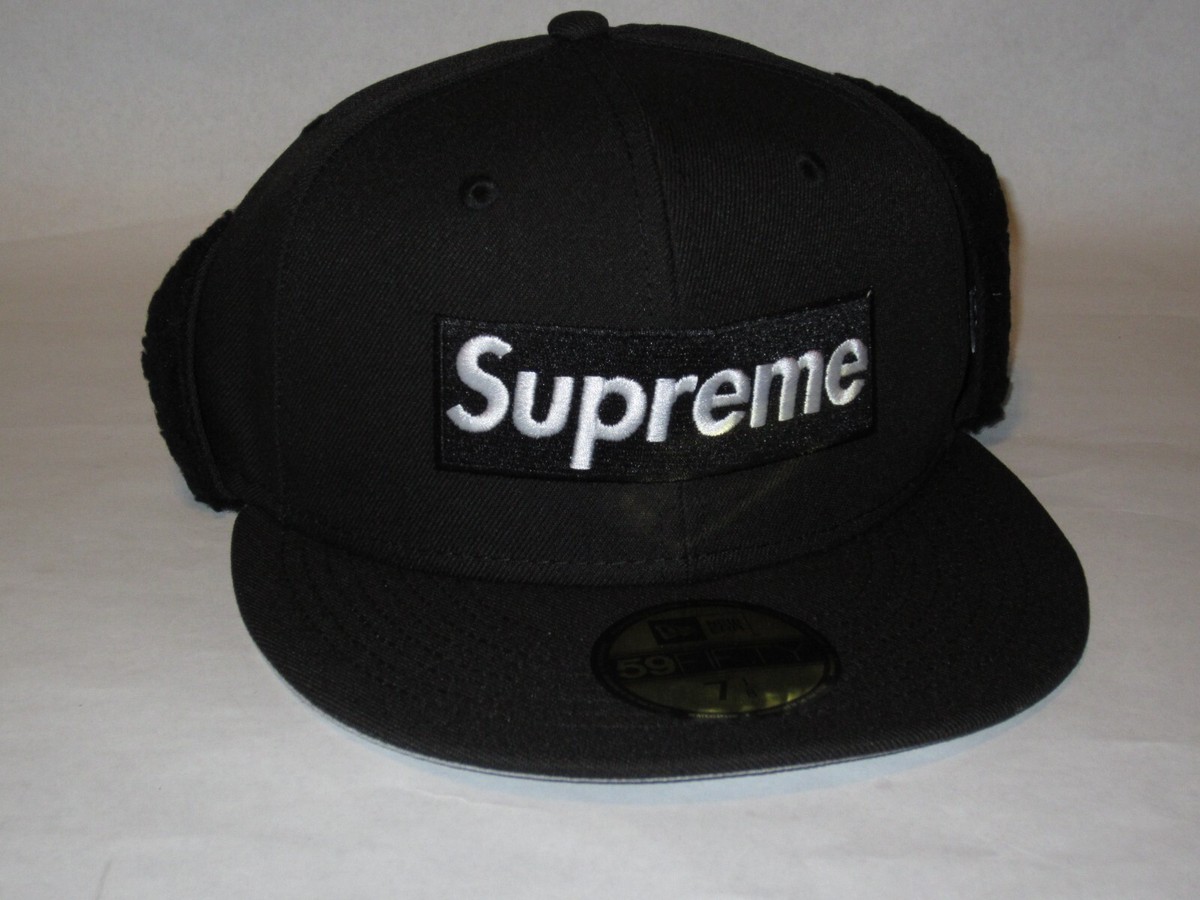 SUPREME x New Era Ear Flap Box Logo Fitted Hat Cap BLACK 7 1/8 NEW