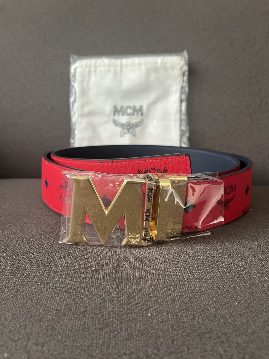 Reversible Adjustable Red to Black MCM Leather Belt Gold M Buckle