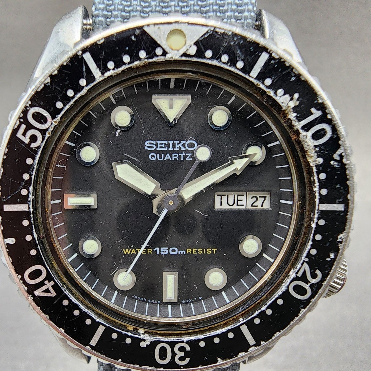 Seiko Diver Watch Men 38mm Black Dial Silver Tone Daydate 6458