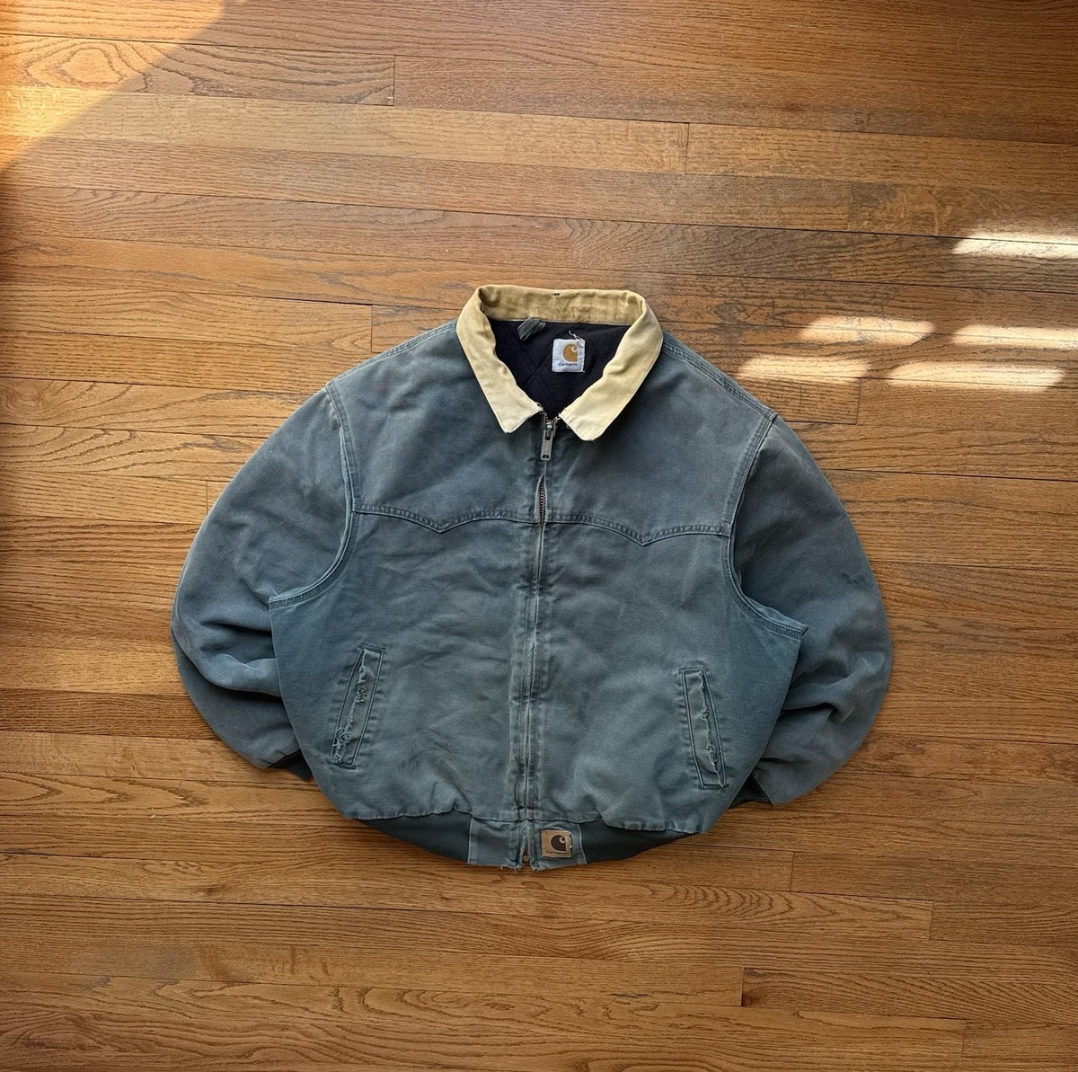 Vtg Carhartt Santa Fe Green Jacket JQ2243 Full Zip Cream Collar