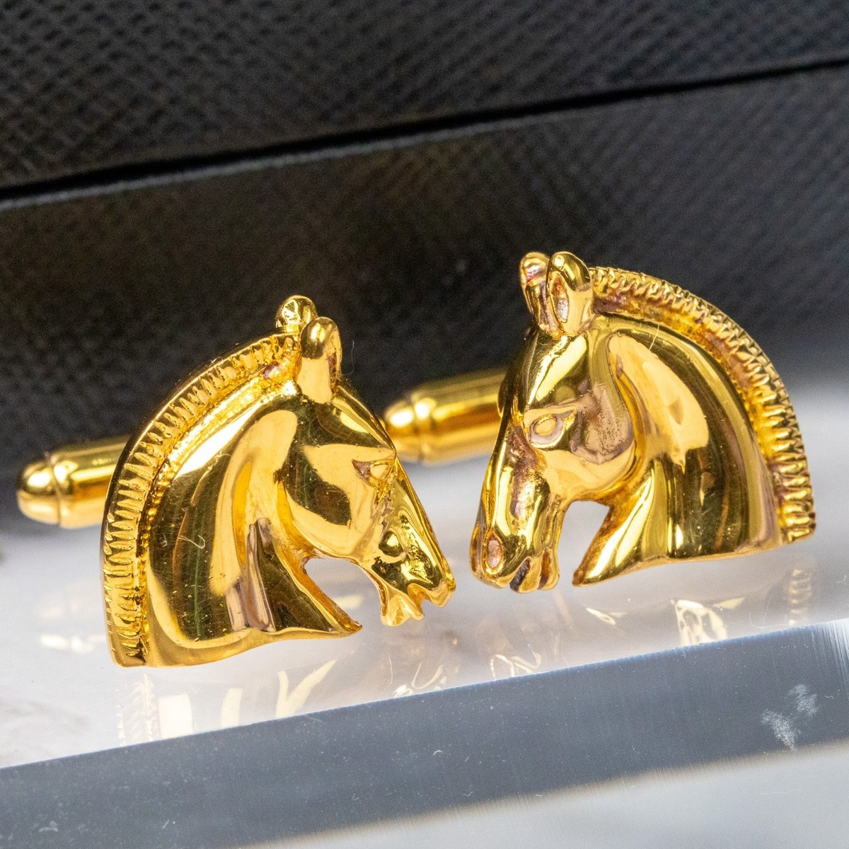 HERMES Cufflinks Horse Head Cheval Gold Plated Vintage Rare Mens