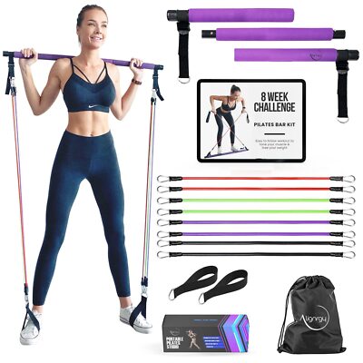 Portable Pilates Bar Kit with Resistance Bands 20 30 40 50 LB