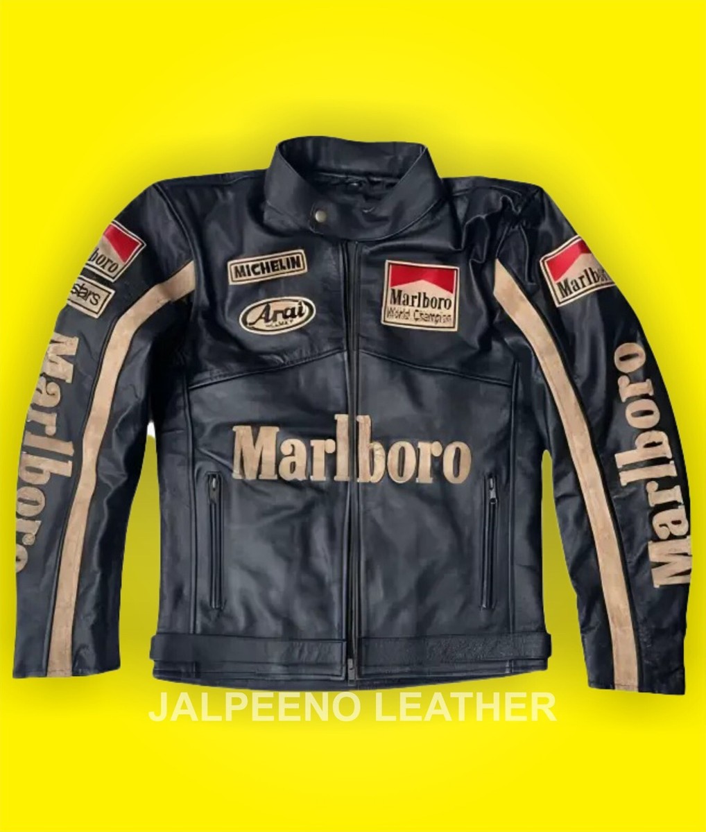 Men Black Marlboro Racing Leather Jacket Motorcycle Racing Vintage