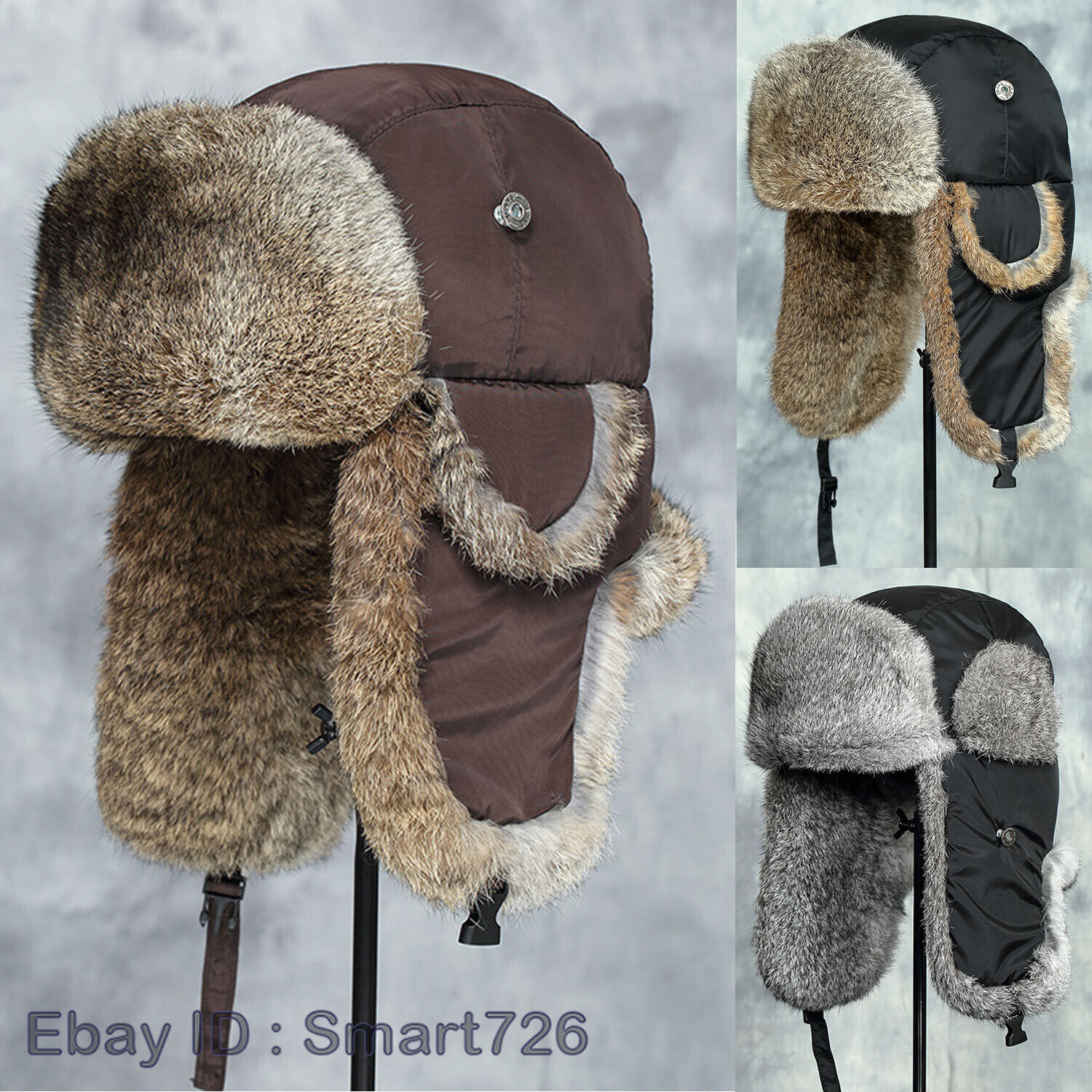 Men Winter Genuine Rabbit Fur Trapper Hats Ushanka Warm Earflap