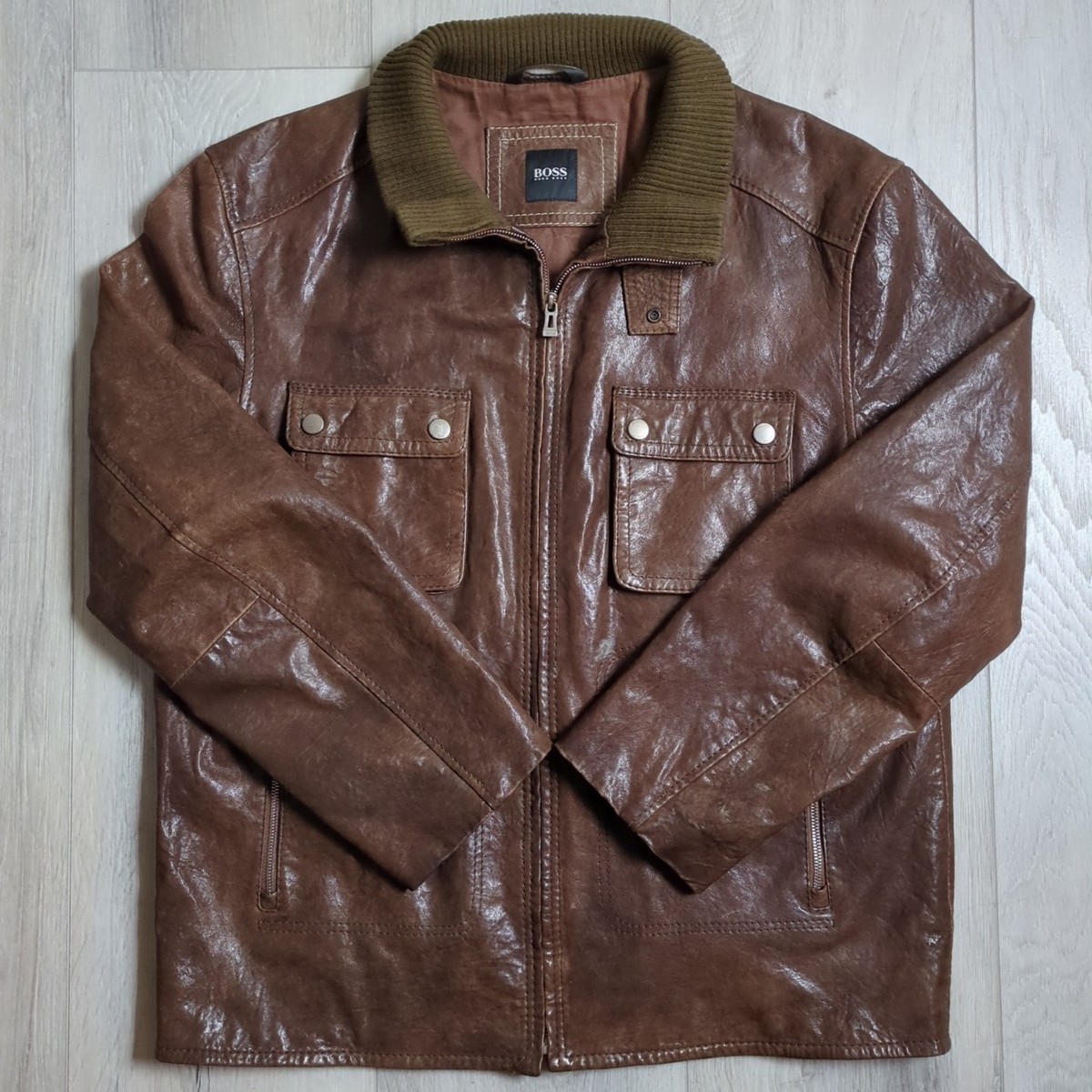 Hugo Boss Leather Jacket Mens 46R 2XL Brown 100% Lamb Bomber