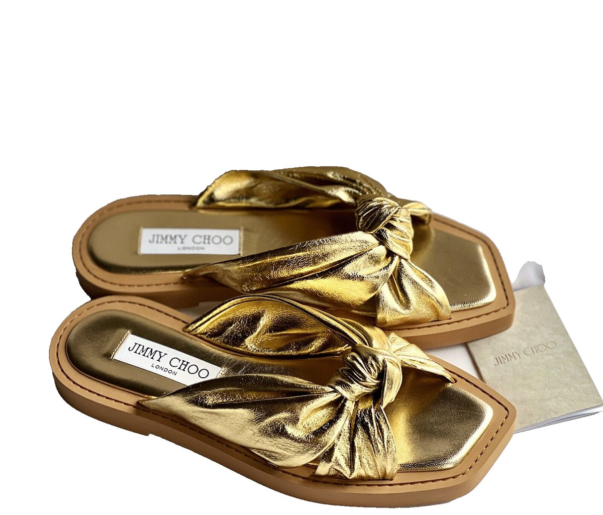 Jimmy Choo Tropica Knotted Metallic Leather Flat Slide Sandal Gold