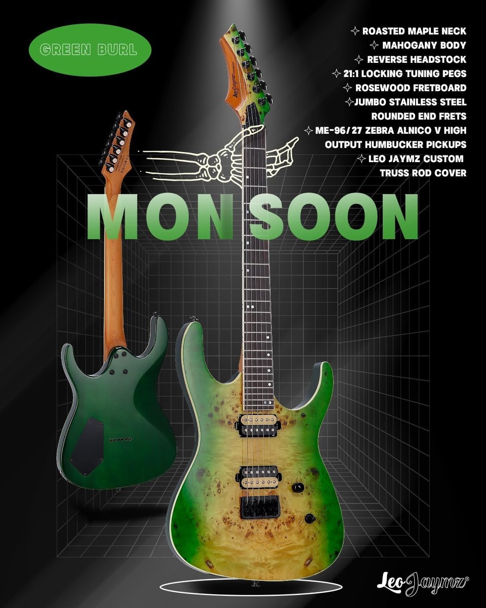 Leo Jaymz Monsoon Series Electric Guitar Green Burl Mahogany