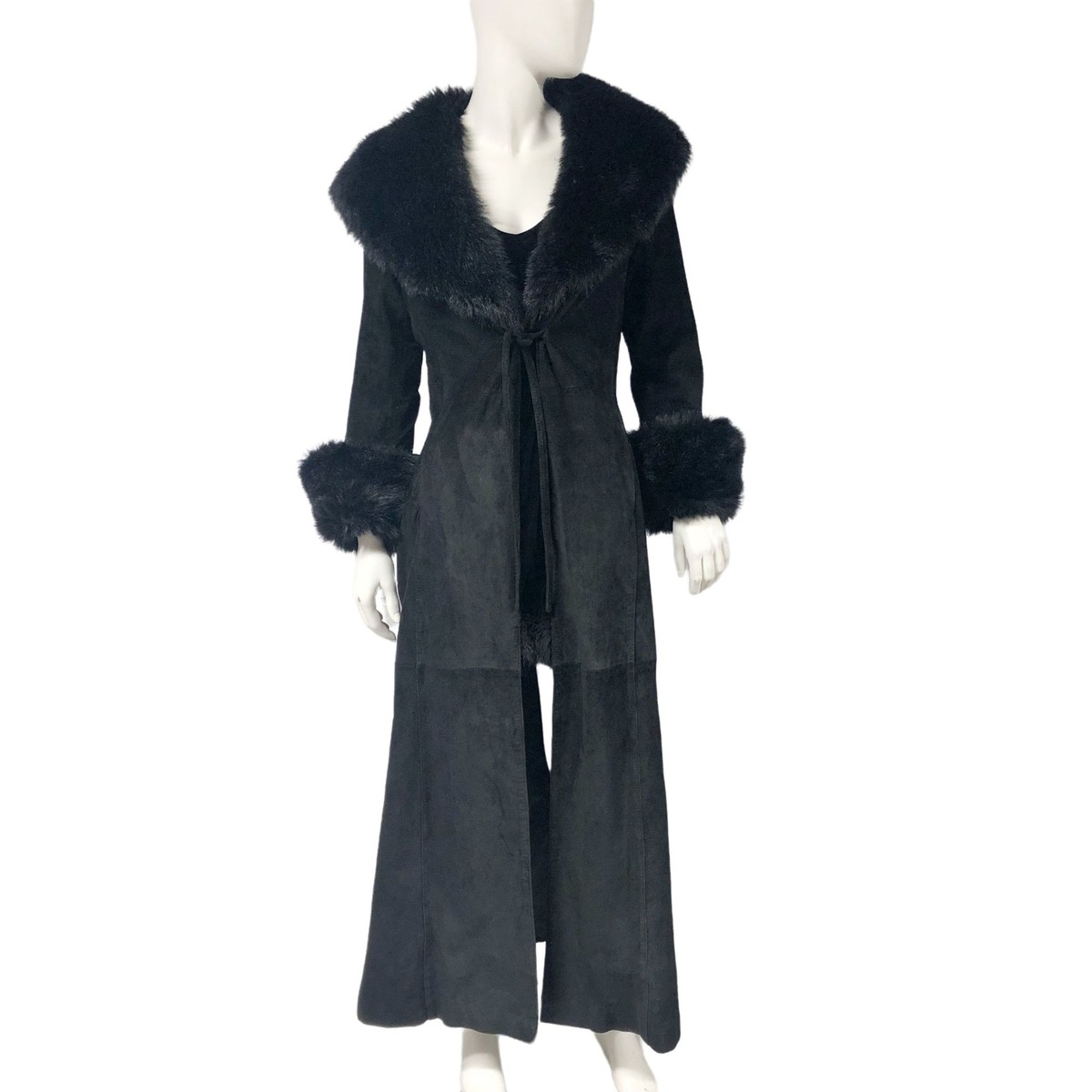 Vintage Y2K 2000s Express Black Suede Faux fur Long Coat Duster