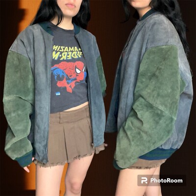 🕶️🛹 Vintage 90s green and blue suede patchwork bomber jacket