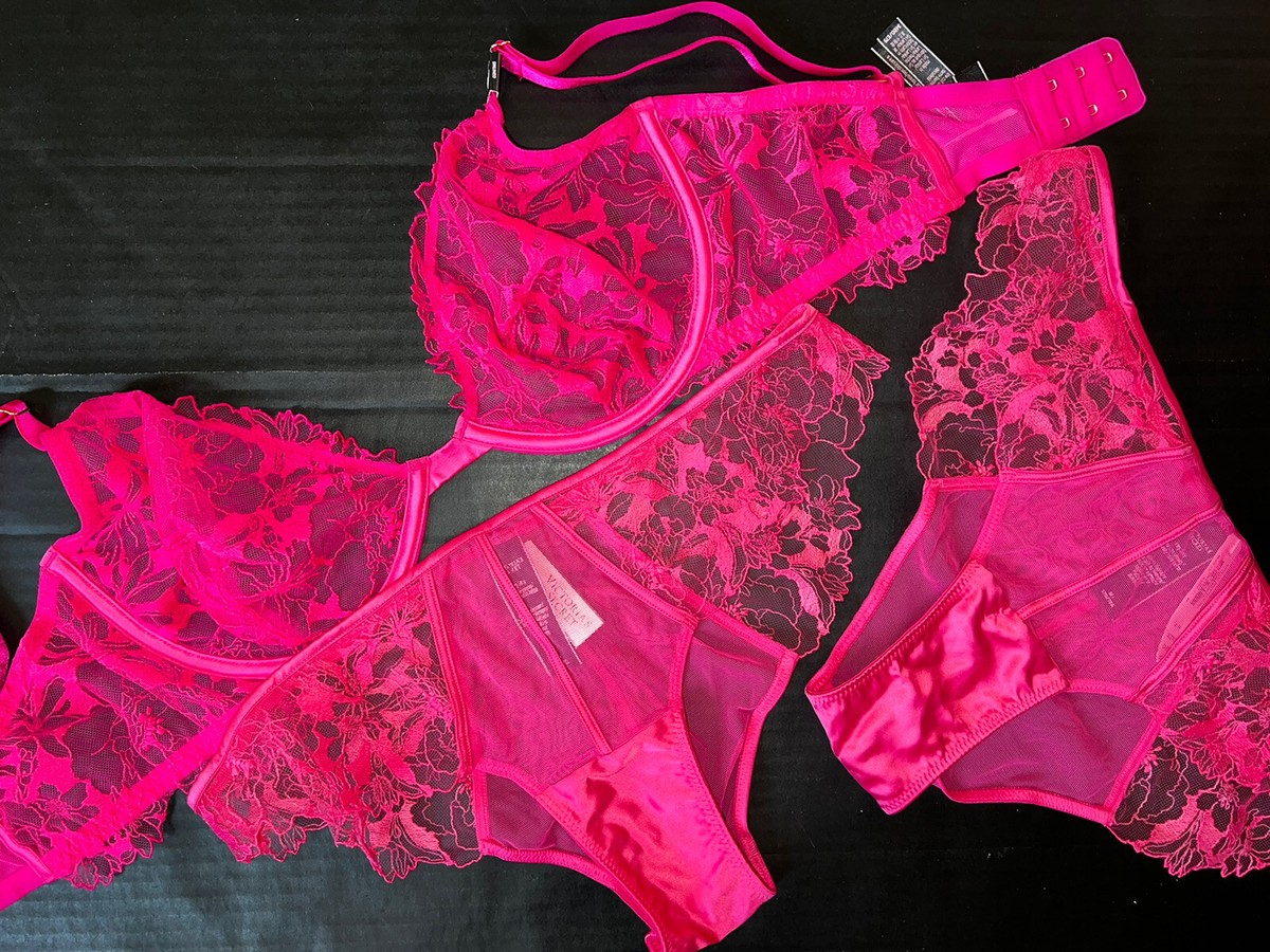 Victoria's Secret unlined 34DD BRA SET M panty lot Hot Pink floral