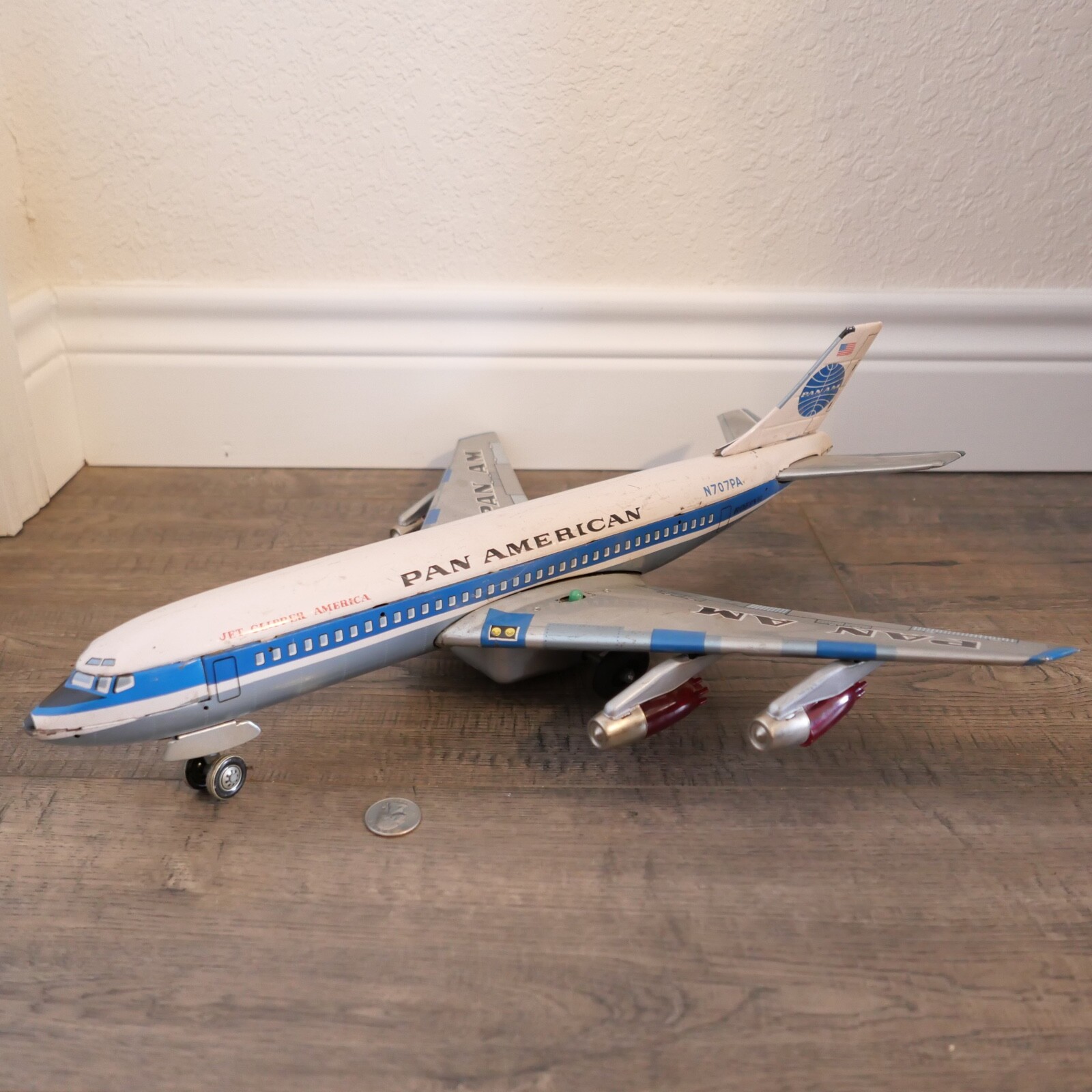 Vtg. Line Mar Tin Battery Op Pan Am Boeing 707 Jet Clipper America