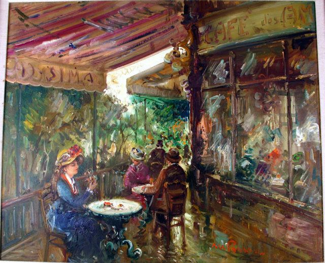 MARIO PASSONI OIL ON CANVAS FRENCH CAFE STREET SCENE IMPRESSIONIST
