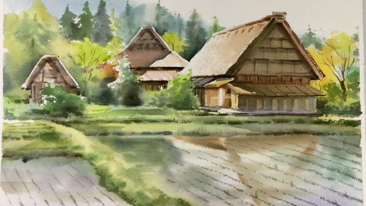 Watercolor Landscape painting : Cottages at Shirakawa village