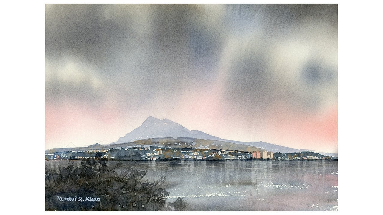 遠景の山と街の風景を水彩で描く。Tamsui(Taiwan) 淡水（台湾