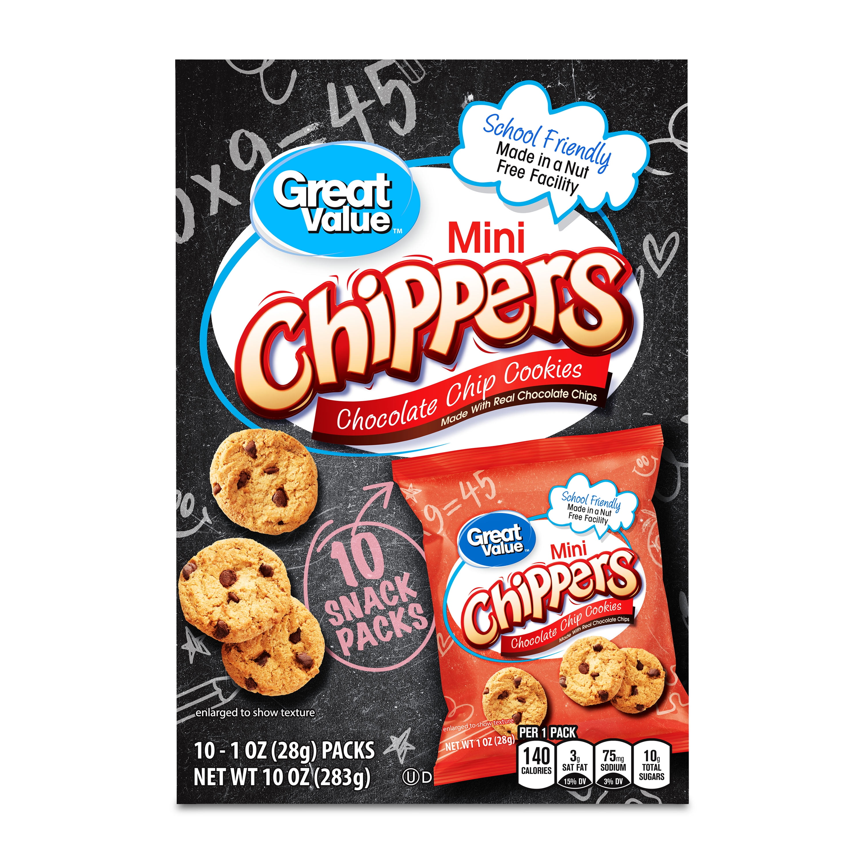 Great Value Mini Chipper Cookies, 1 oz, 10 Snack Packs, Chocolate