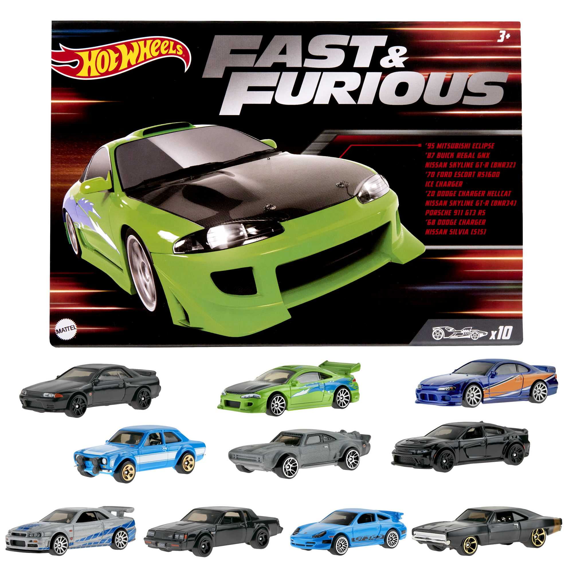 Hot Wheels Fast & Furious Set of 10 Vehicles in 1:64 Scale with 2