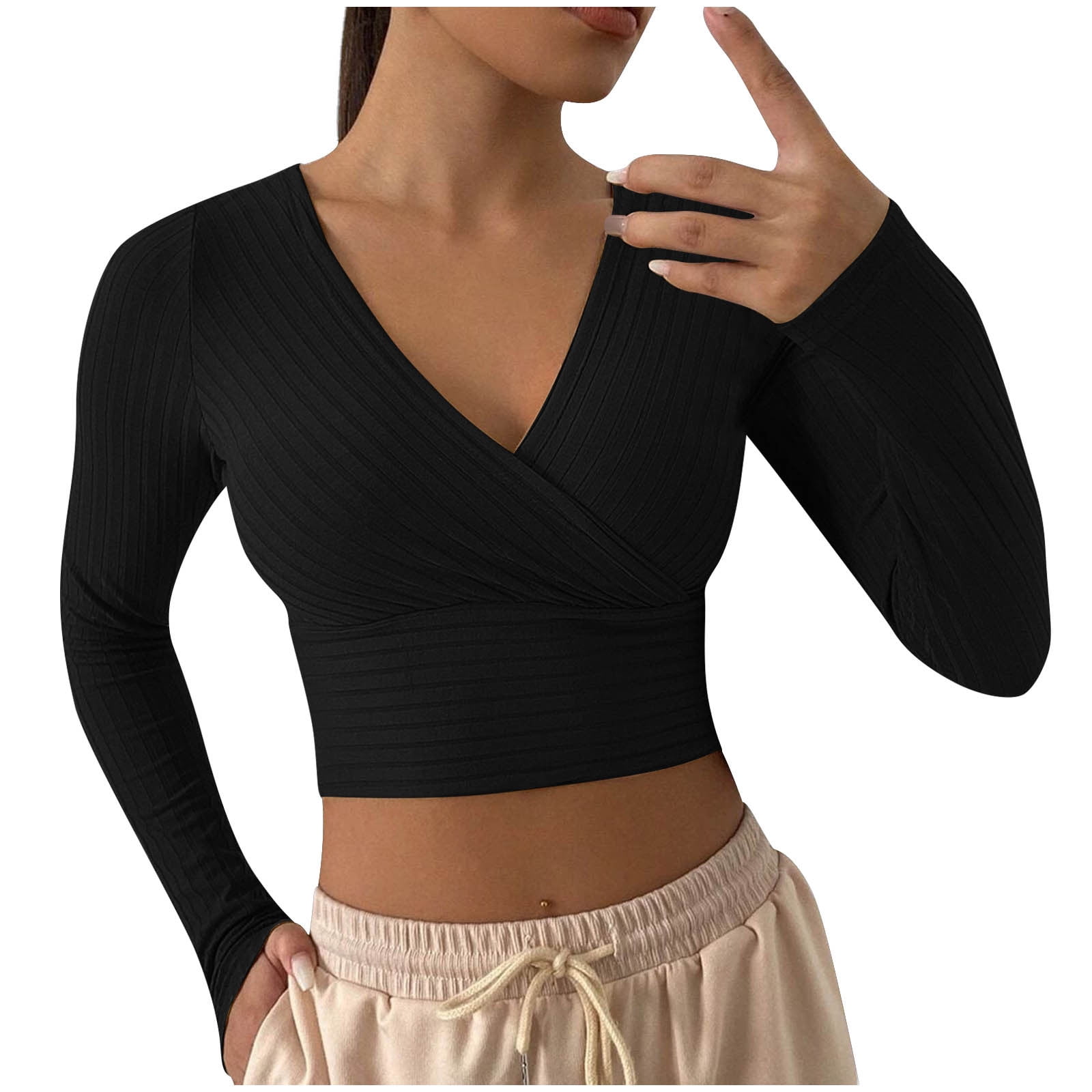 RQYYD Women's Deep V Neck Long Sleeve Cross Wrap Front Crop Tops