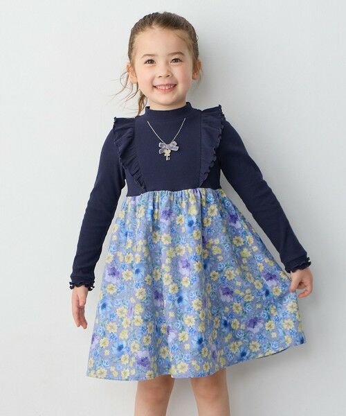 セール】 花柄ドッキングワンピース （ロング・マキシ丈ワンピース