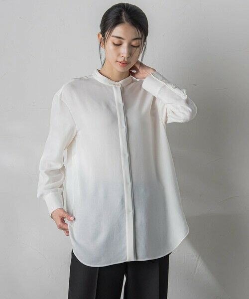 セール】 フロント配色バンドカラーブラウス≪洗濯機で洗える