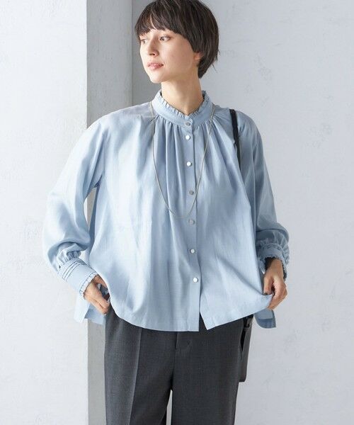 セール】 〈手洗い可能〉フリル ネック フロント ギャザー ブラウス