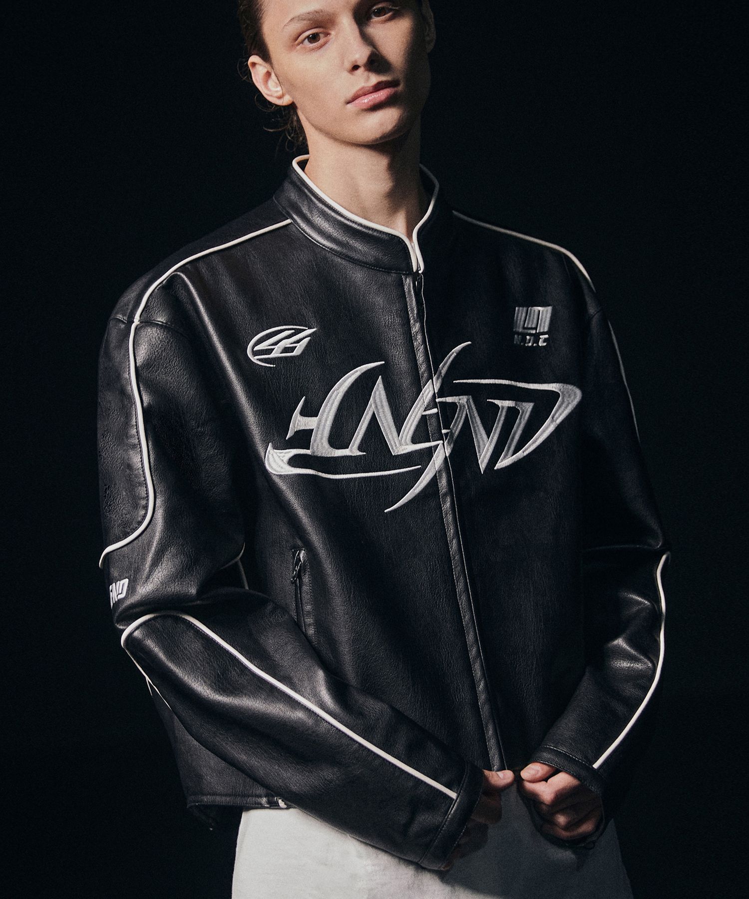 MUSINSA公式 | NOT4NERD Leather ver. Tribal Logo Racing Jacket - Black