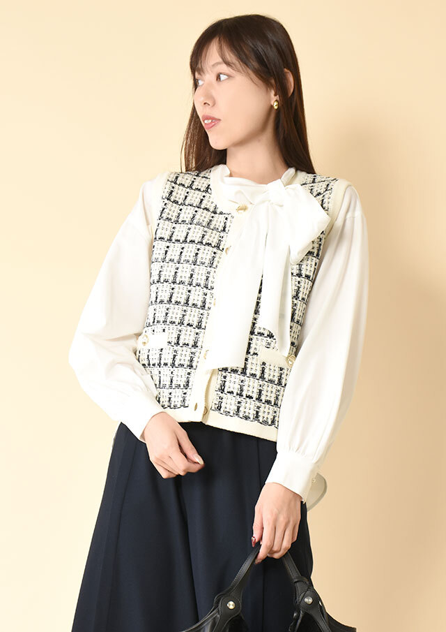 コットンツイード前開きニットベスト