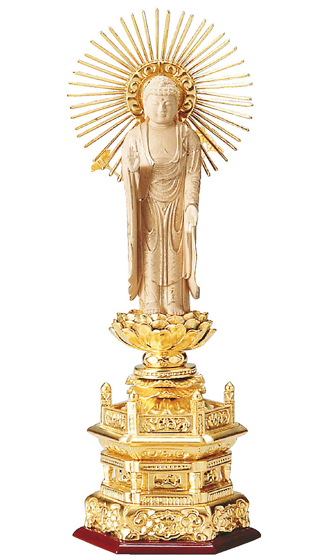 純金箔押 六角台座 仏白檀 東立弥陀 櫛光背 仏金泥 4.0寸～6.0寸