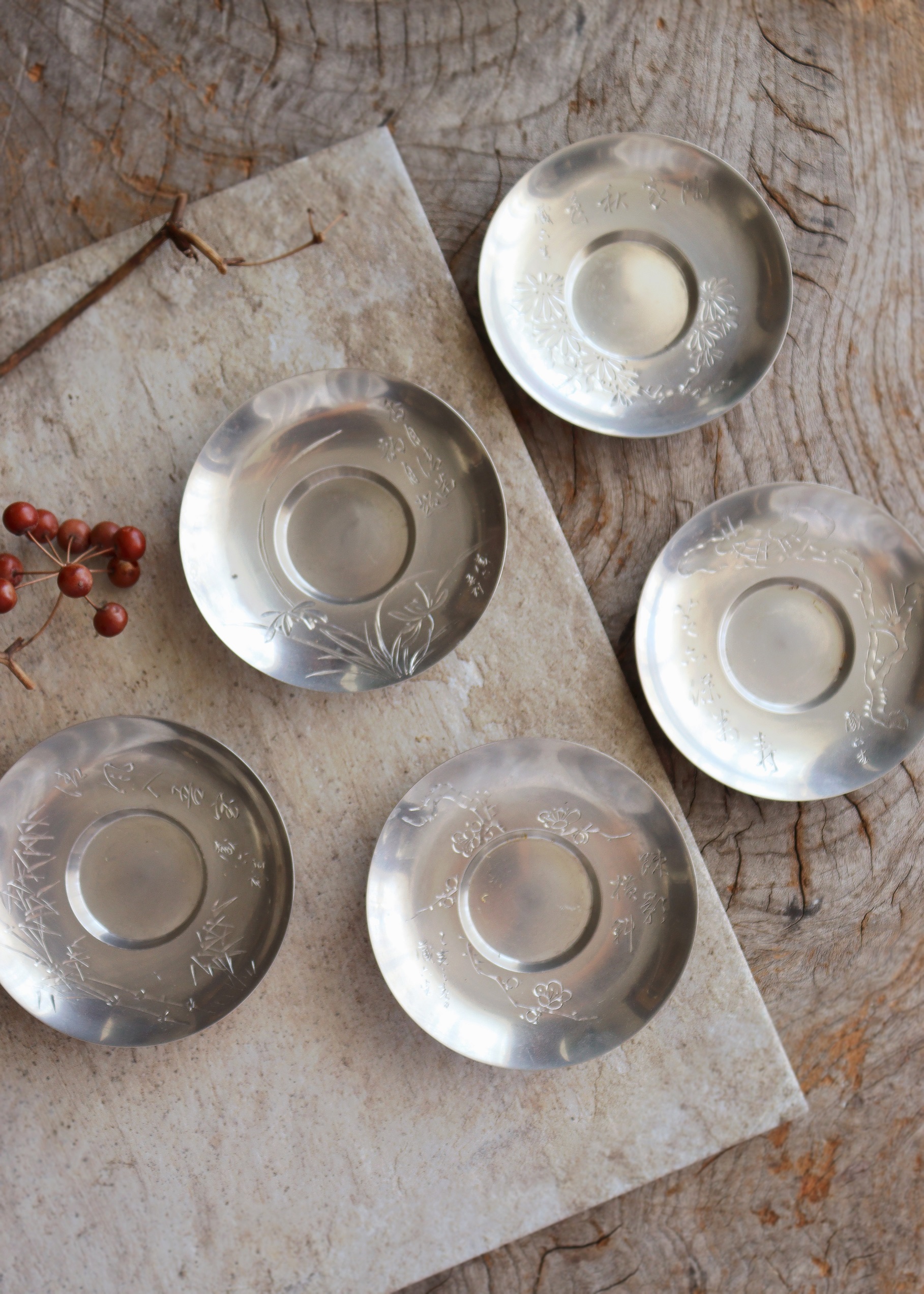 純錫圓式茶托 5枚組 秦蔵六作 四君子霊芝 茶器