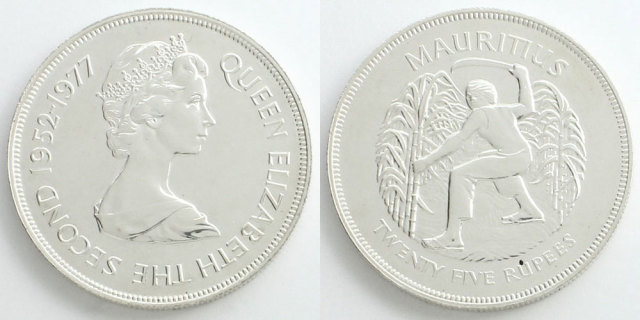 1977年 モーリシャス銀貨 25ルピー エリザベス女王即位記念銀貨SV925