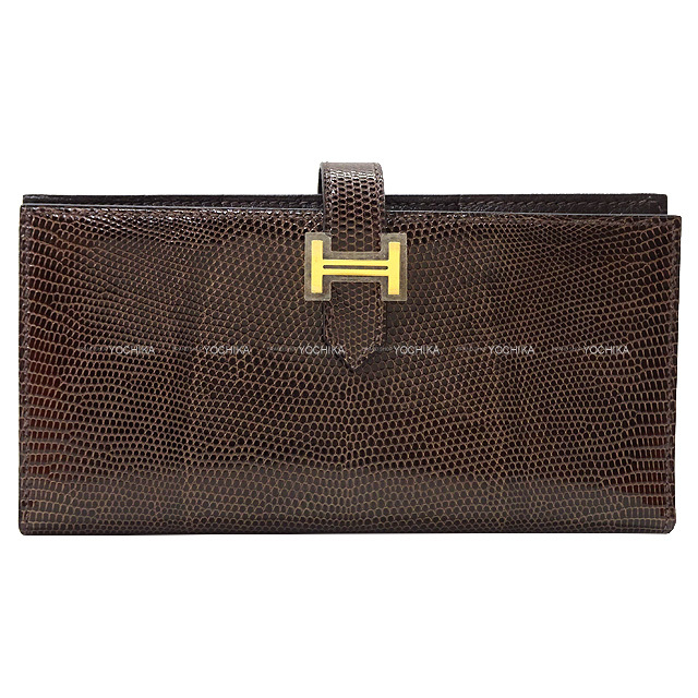 HERMES エルメス 長財布 ベアンスフレ ショコラ リザード ゴールド金具
