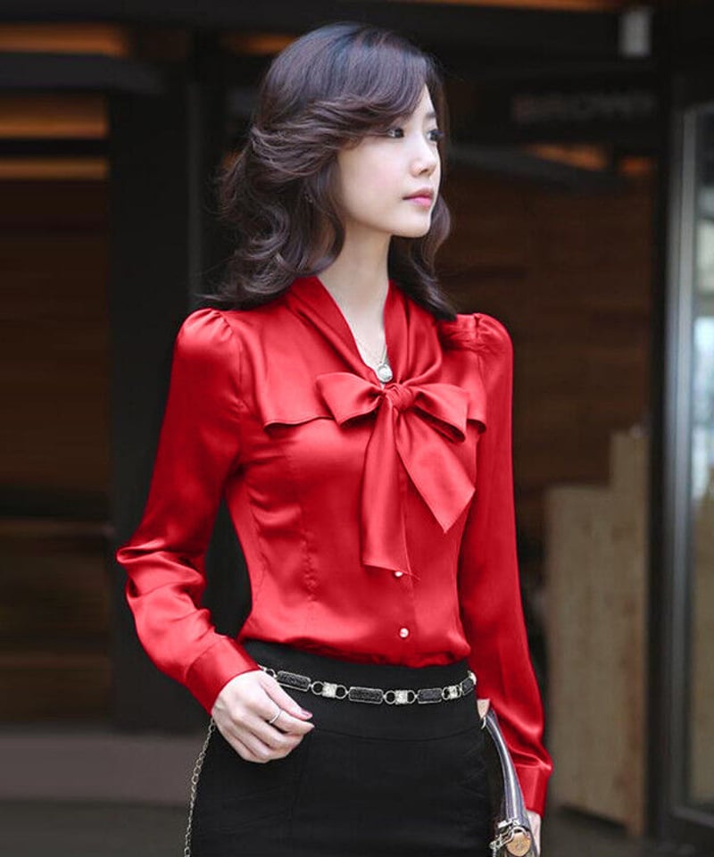 サテン ボウタイ 長袖 ブラウス XXL [BL58] | Roses on the Roof