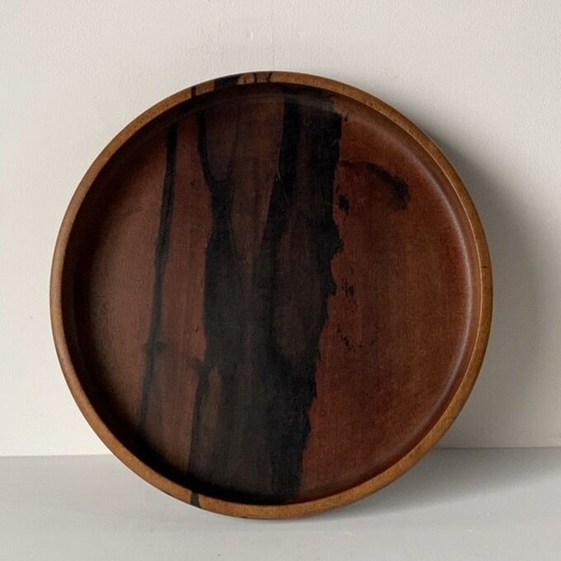 黒柿 くり抜き 丸盆 木製無垢 幅約35cm 木のお盆 トレー 茶道具 工芸品