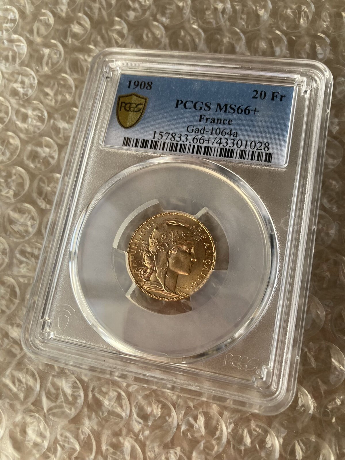 1908年・PCGS MS66+】フランス 20フラン ルースター金貨 ゴールド アン