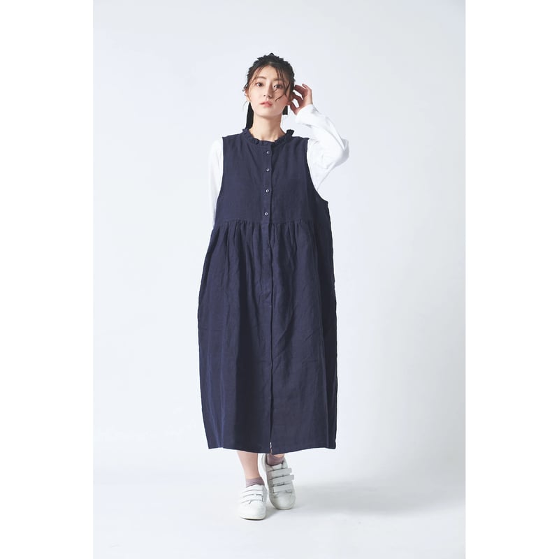 リネン ブラッシュツイル襟フリル途中比翼ウエストギャザー両サイド